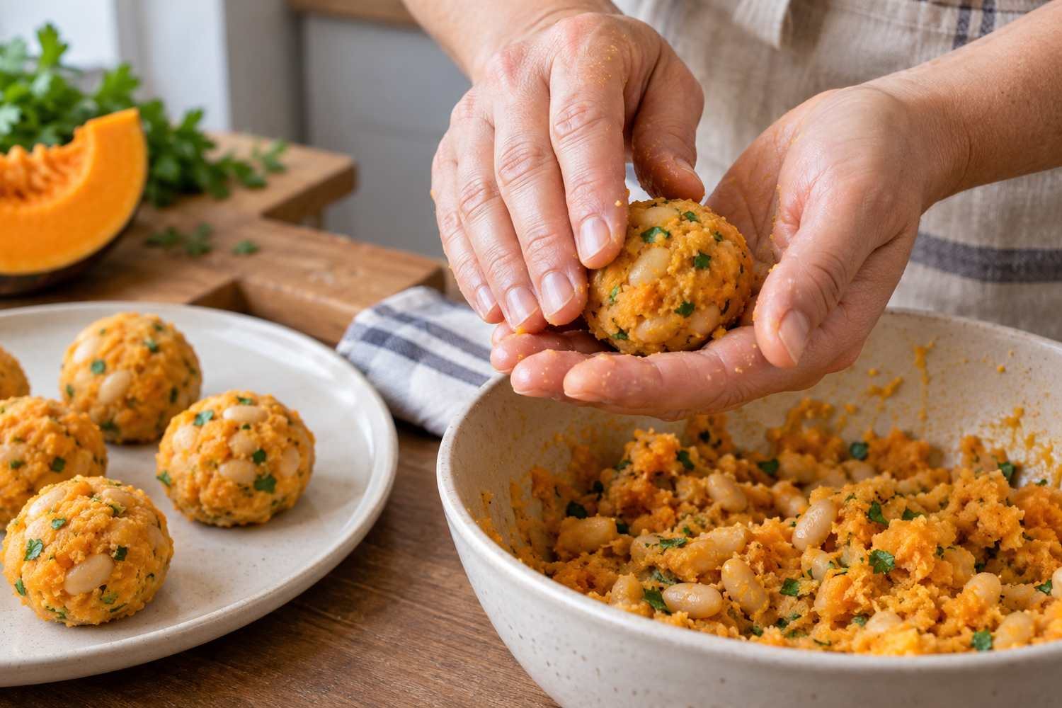 Due mani modellano una polpetta arancione con pezzetti di fagiolo e prezzemolo, sopra una ciotola di composto e accanto a un piatto con altre polpette già formate