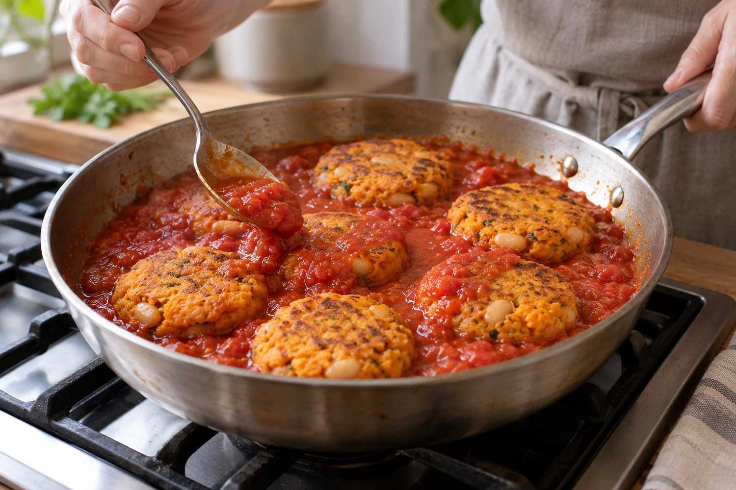 Un cucchiaio distribuisce salsa di pomodoro intorno a polpette dorate e leggermente appiattite in una padella d'acciaio sul fornello