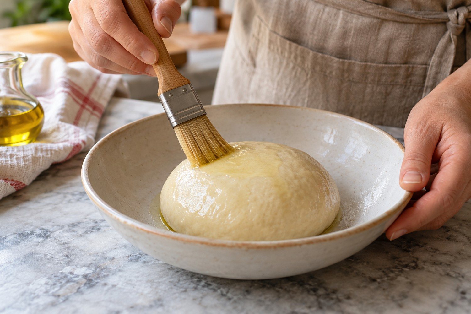 Un pennello stende un velo d'olio su un panetto di pasta liscia per strudel