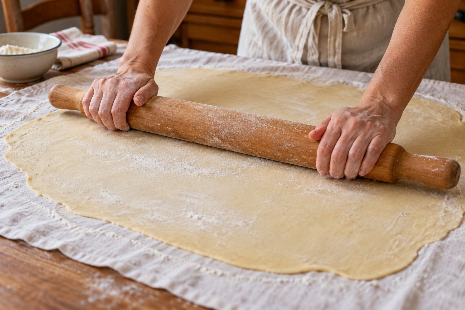 Un mattarello stende la pasta per strudel su un telo di cotone infarinato