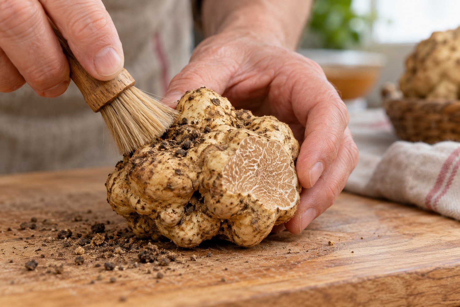 Una mano pulisce un tartufo bianco con una piccola spazzola dalle setole morbide