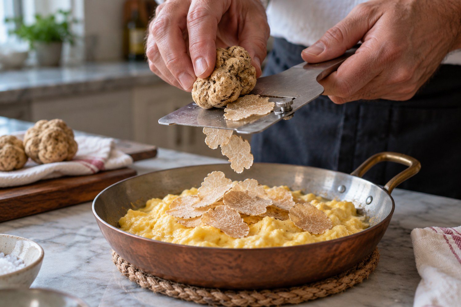 Un affettatartufi distribuisce lamelle sottili di tartufo bianco su uova strapazzate in un piatto
