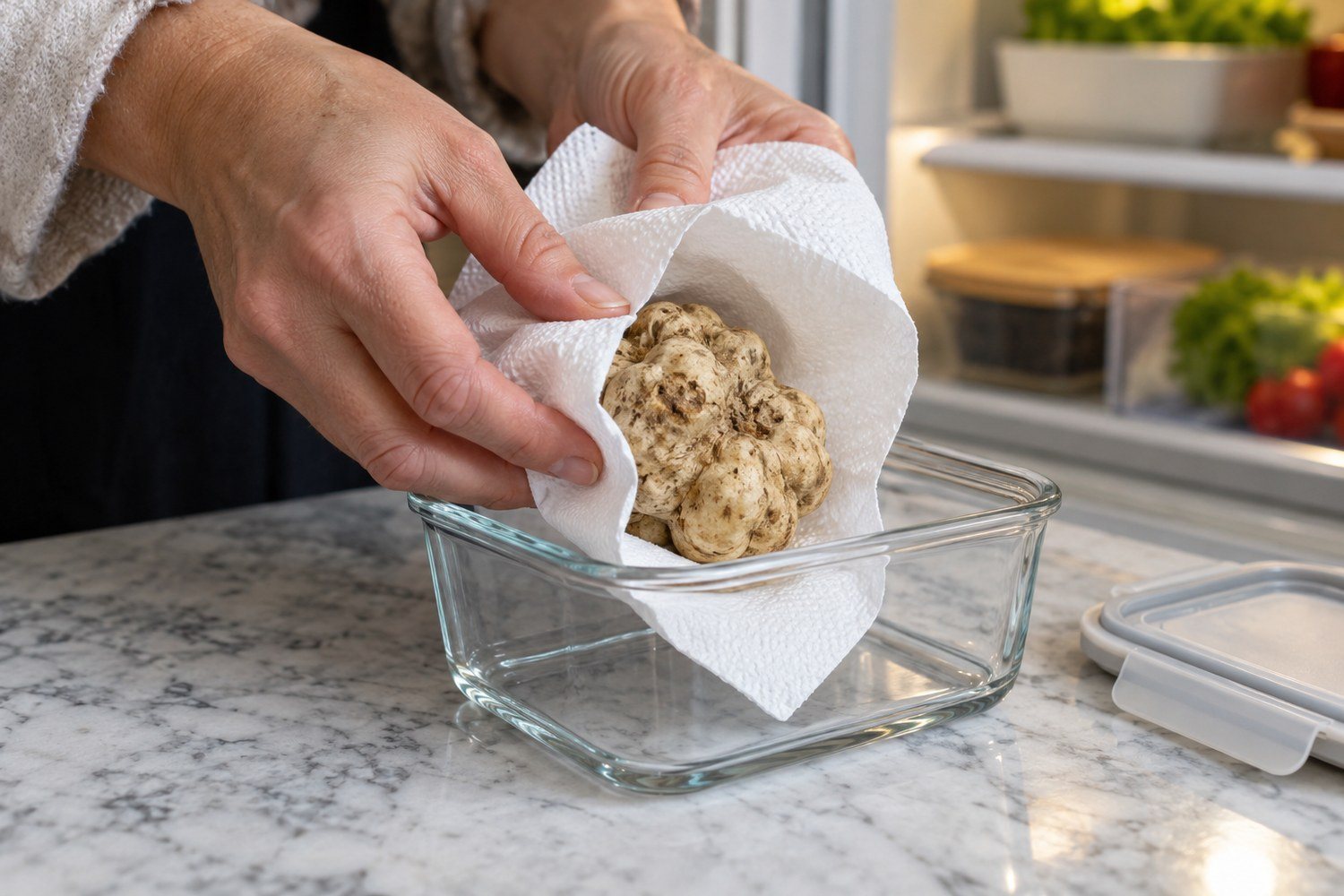 Una mano avvolge un tartufo bianco in un foglio di carta assorbente accanto a un contenitore da frigorifero