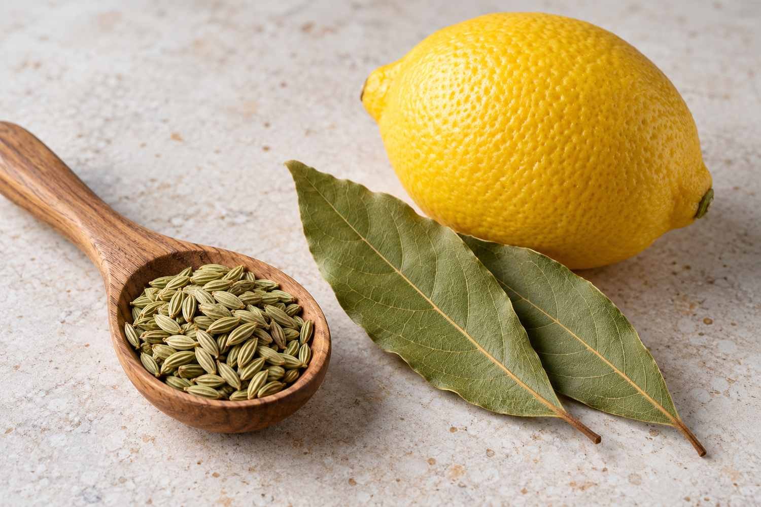 Semi di finocchio, foglie di alloro e un limone intero disposti separatamente su un piano di lavoro