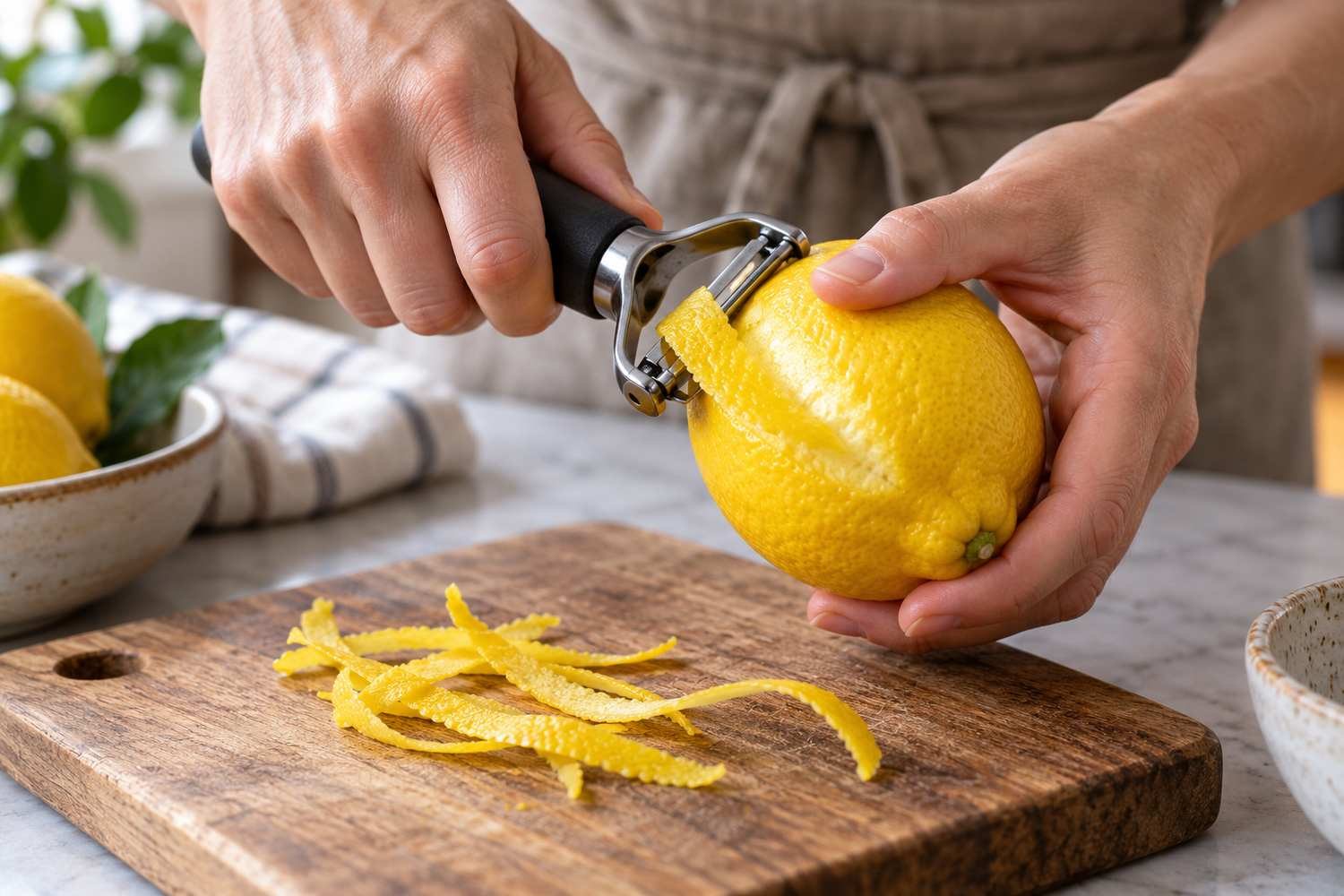 Un pelapatate stacca dal limone una striscia sottile di scorza gialla senza la parte bianca