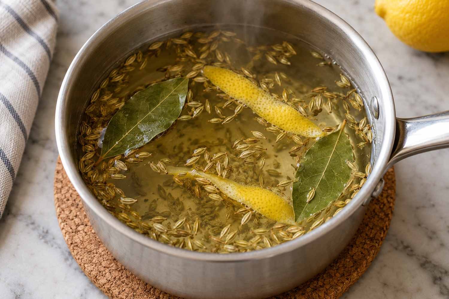 Semi di finocchio, foglie di alloro e strisce di scorza di limone in infusione in un pentolino fuori dal fuoco