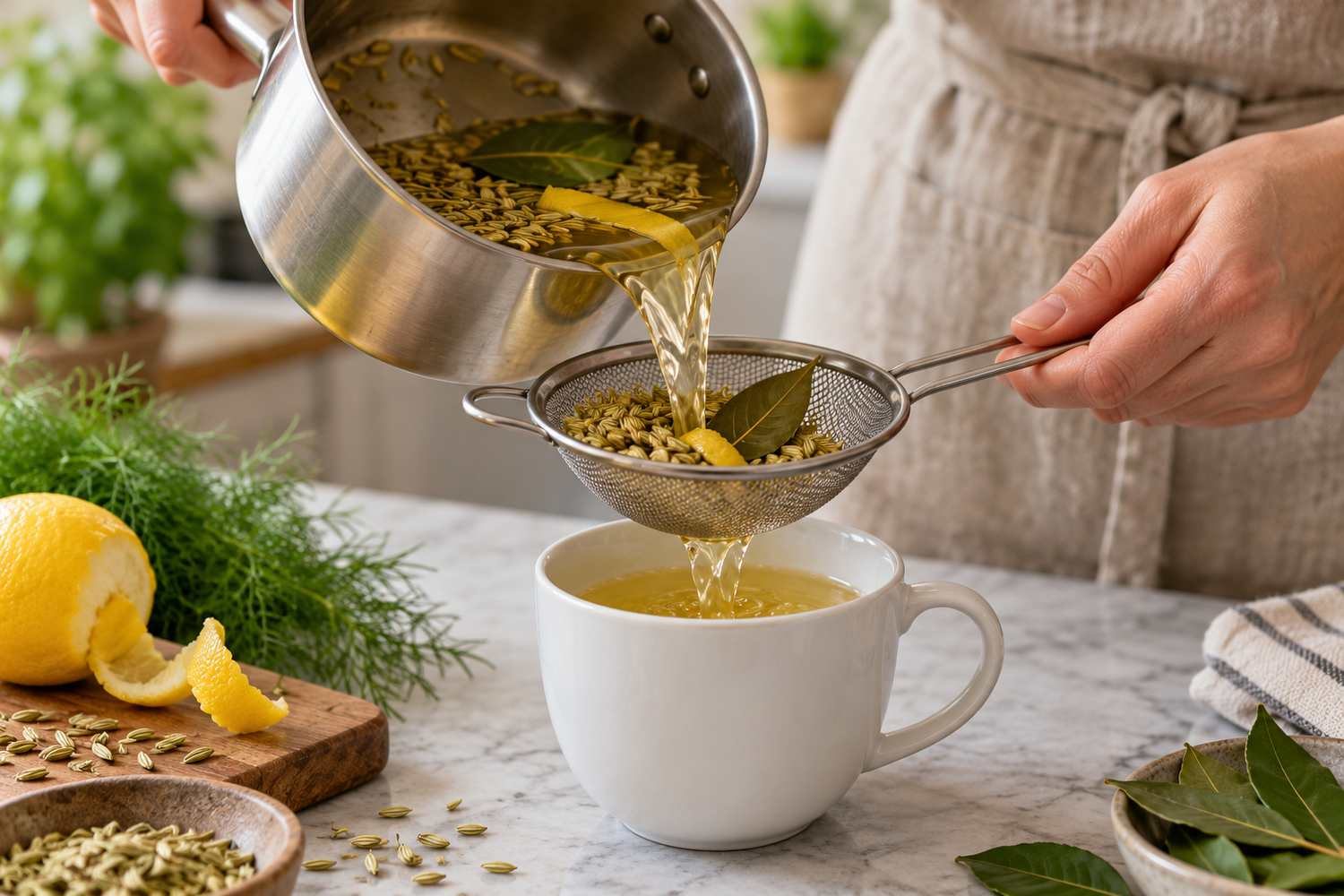La tisana dorata scende in una tazza attraverso un colino che trattiene semi, alloro e scorze