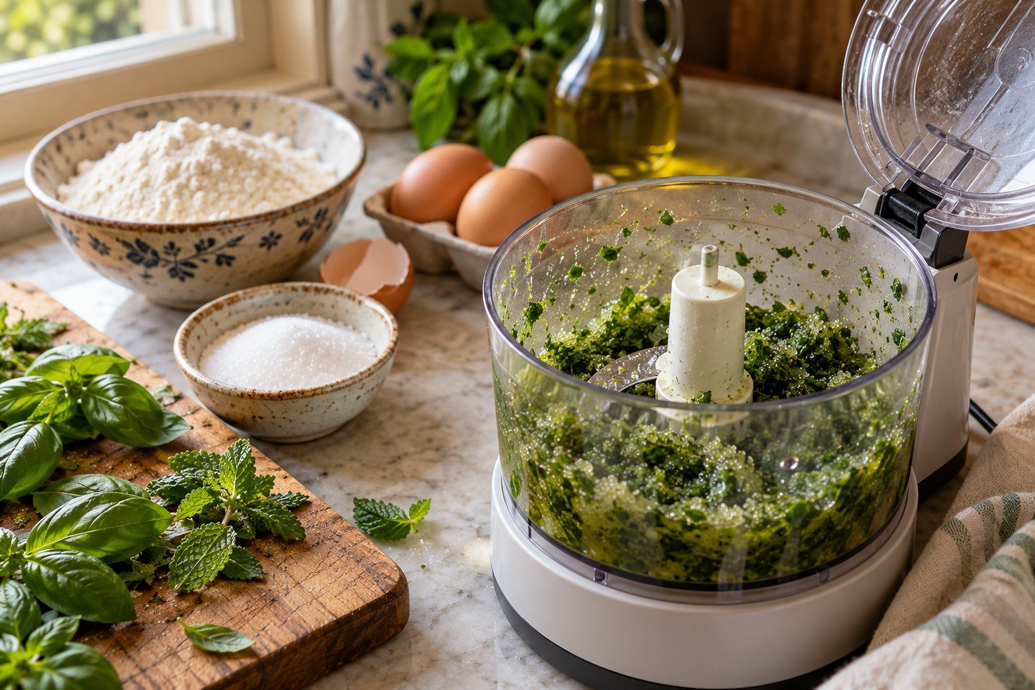 Piccolo robot da cucina aperto con basilico e menta tritati insieme a zucchero e olio, accanto ciotole di farina e uova