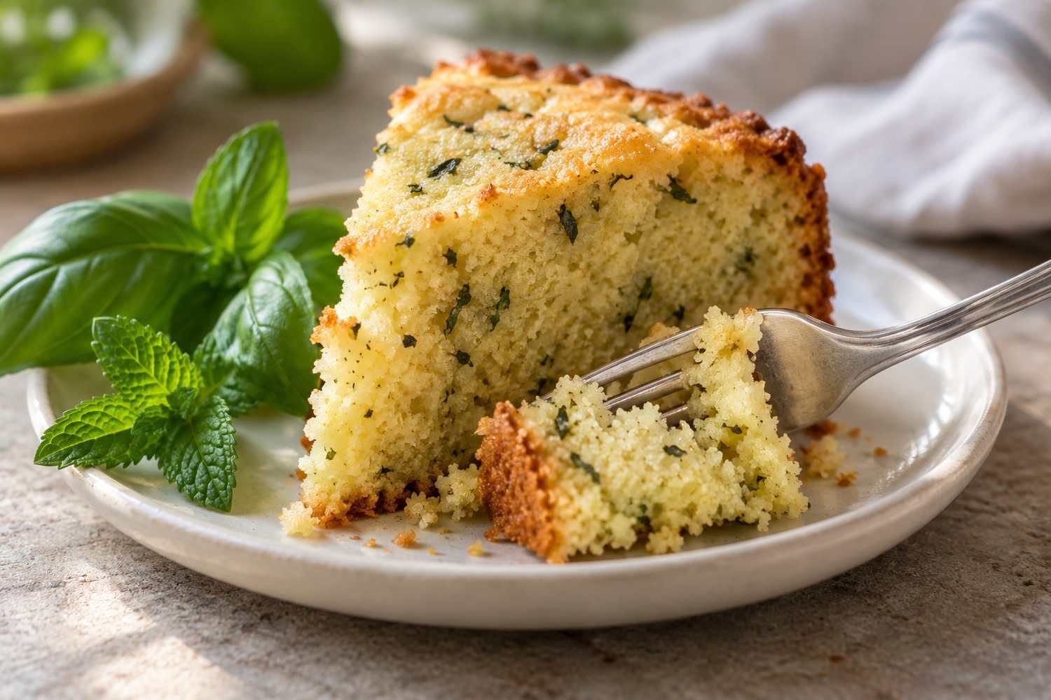 Una forchetta stacca un boccone da una fetta di torta al basilico e menta mostrando la mollica con frammenti di erbe