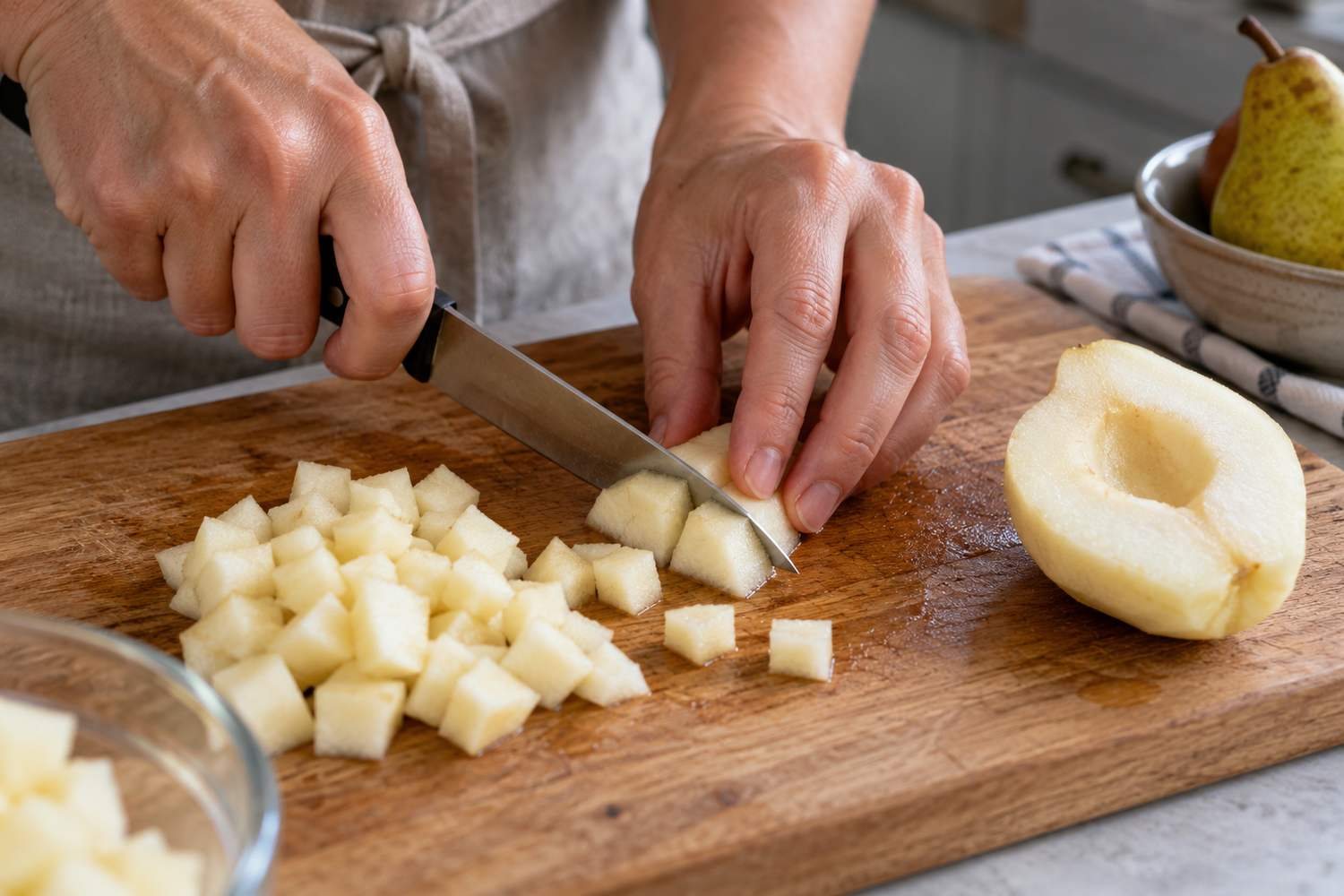 Pere sbucciate tagliate a piccoli cubetti regolari su un tagliere di legno