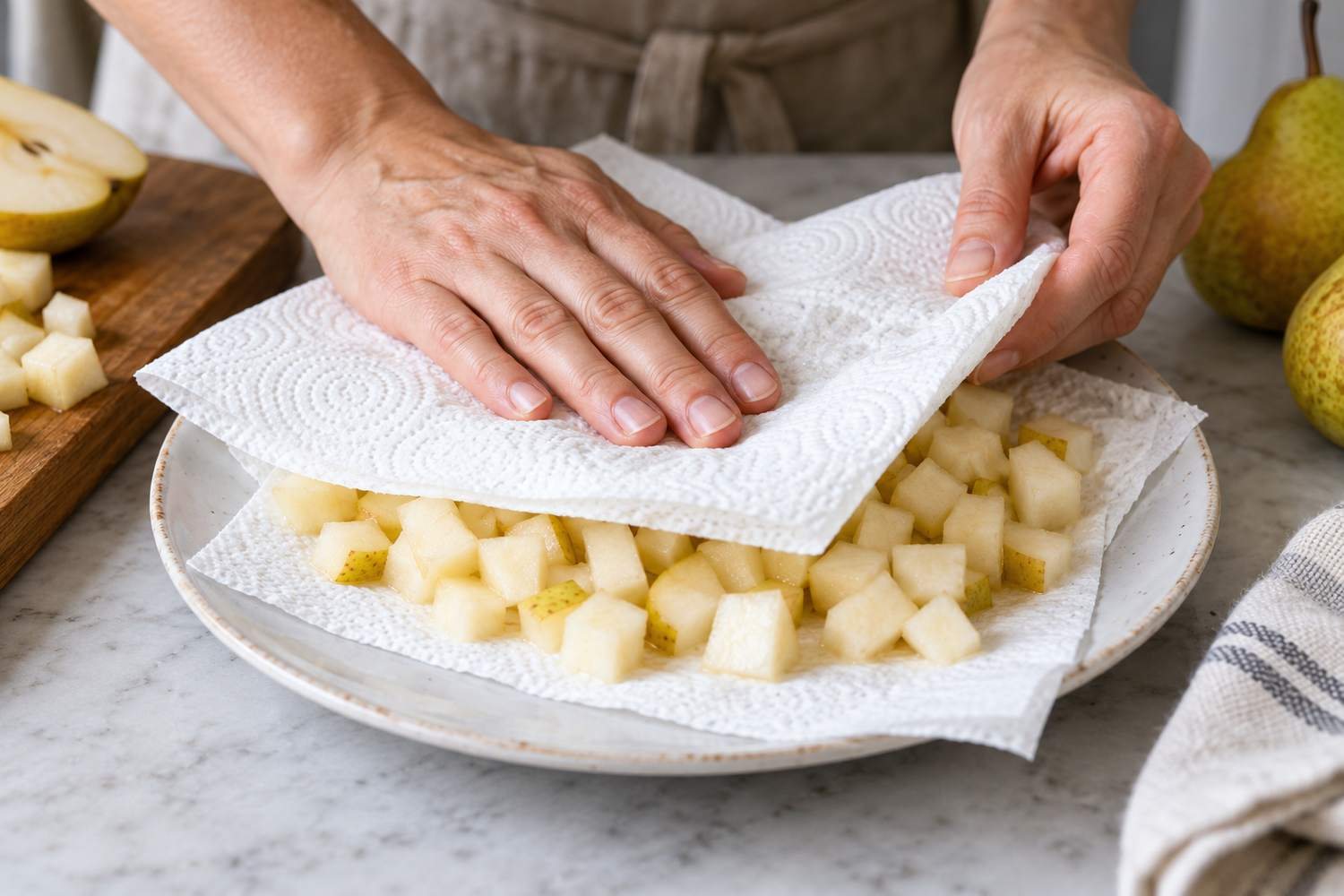 Una mano tampona con carta da cucina i cubetti di pera disposti sul piano