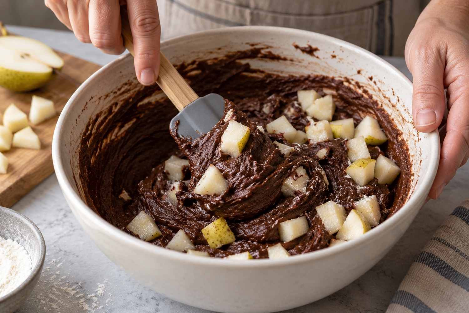 Una spatola incorpora i cubetti di pera in un impasto denso al cioccolato dentro una ciotola