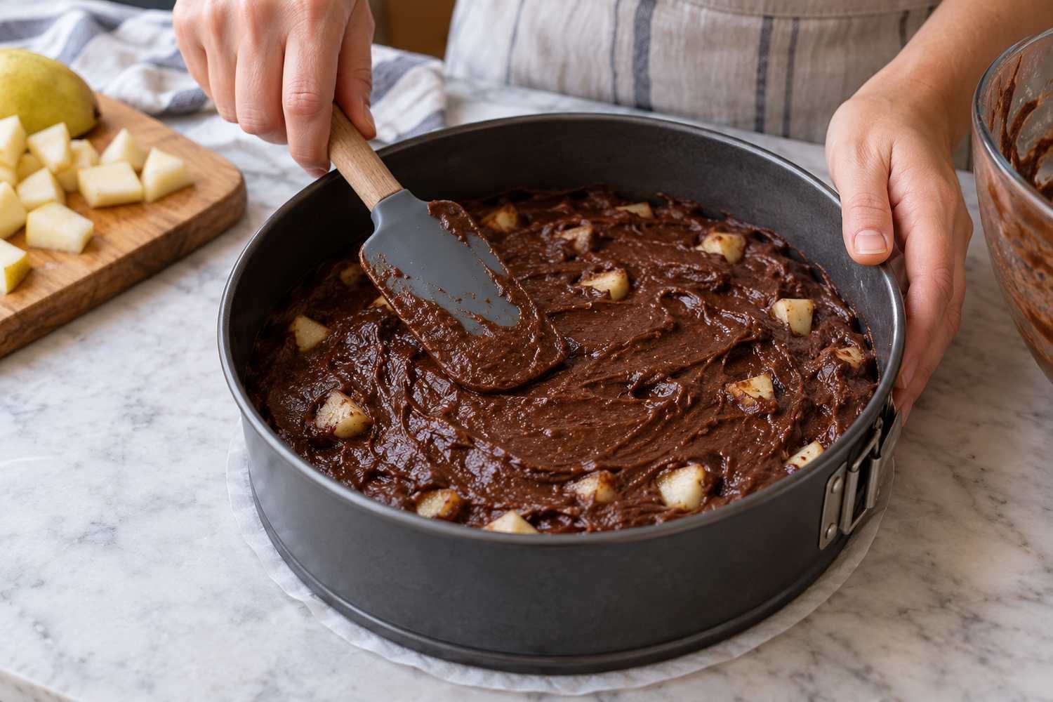 L'impasto al cioccolato con pezzi di pera livellato dentro uno stampo rotondo