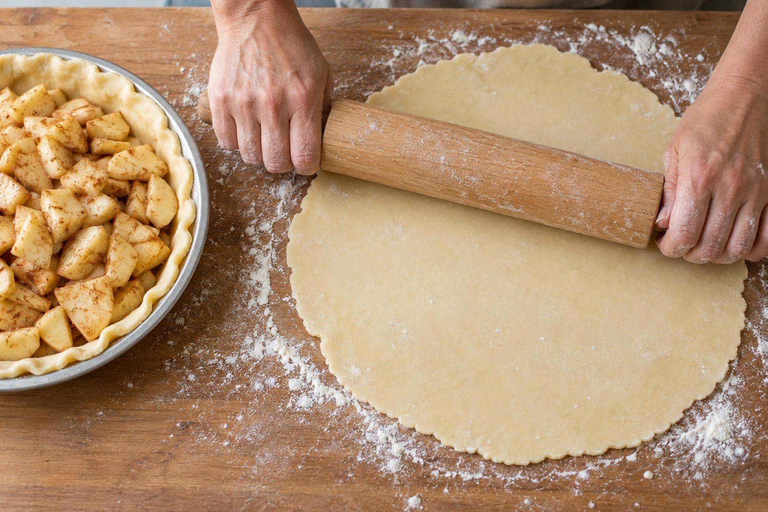 Il mattarello stende la pasta per il coperchio della apple pie accanto allo stampo già riempito di mele