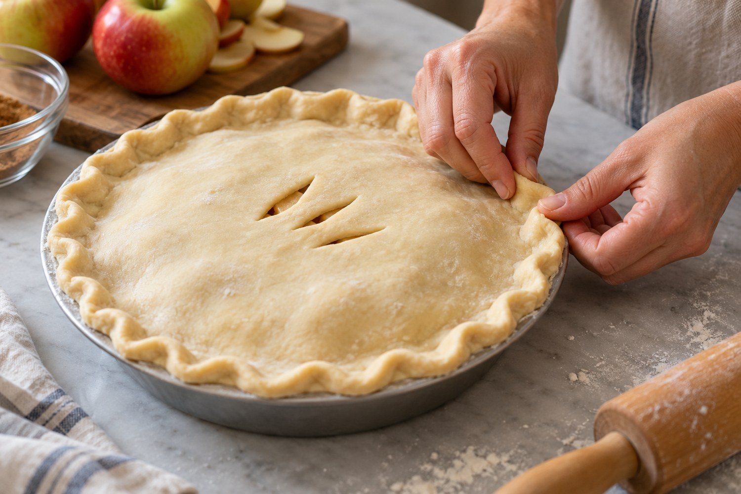 Due mani sigillano il bordo di una apple pie cruda con piccoli tagli di sfiato sul coperchio di pasta