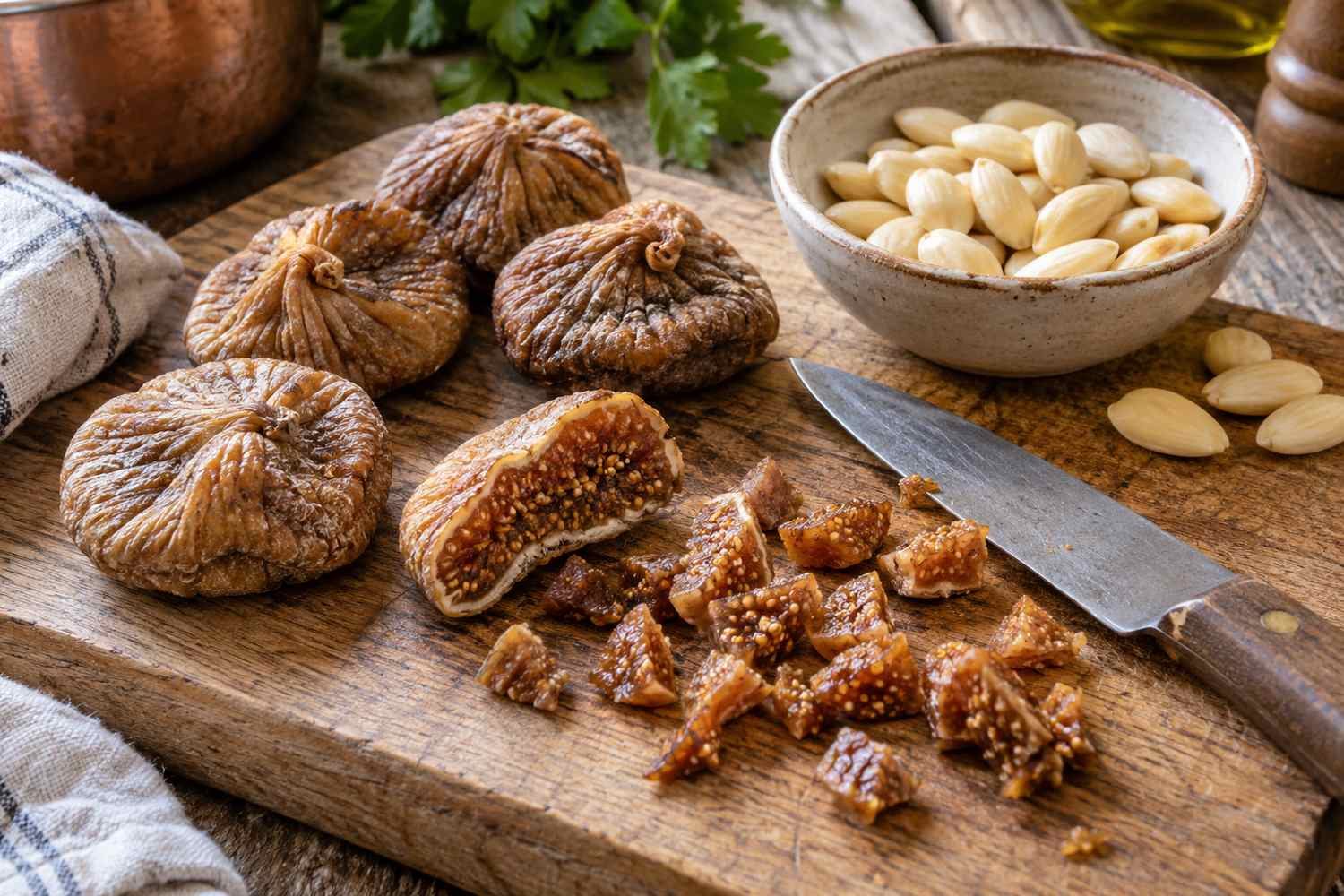 Fichi secchi interi, aperti e tagliati a pezzetti su un tagliere accanto a una ciotola di mandorle pelate