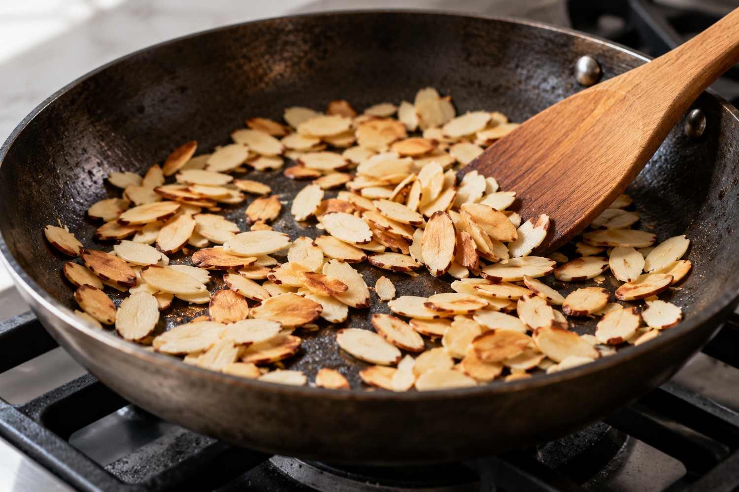 Mandorle a lamelle tostate in una padella e mosse con una spatola di legno