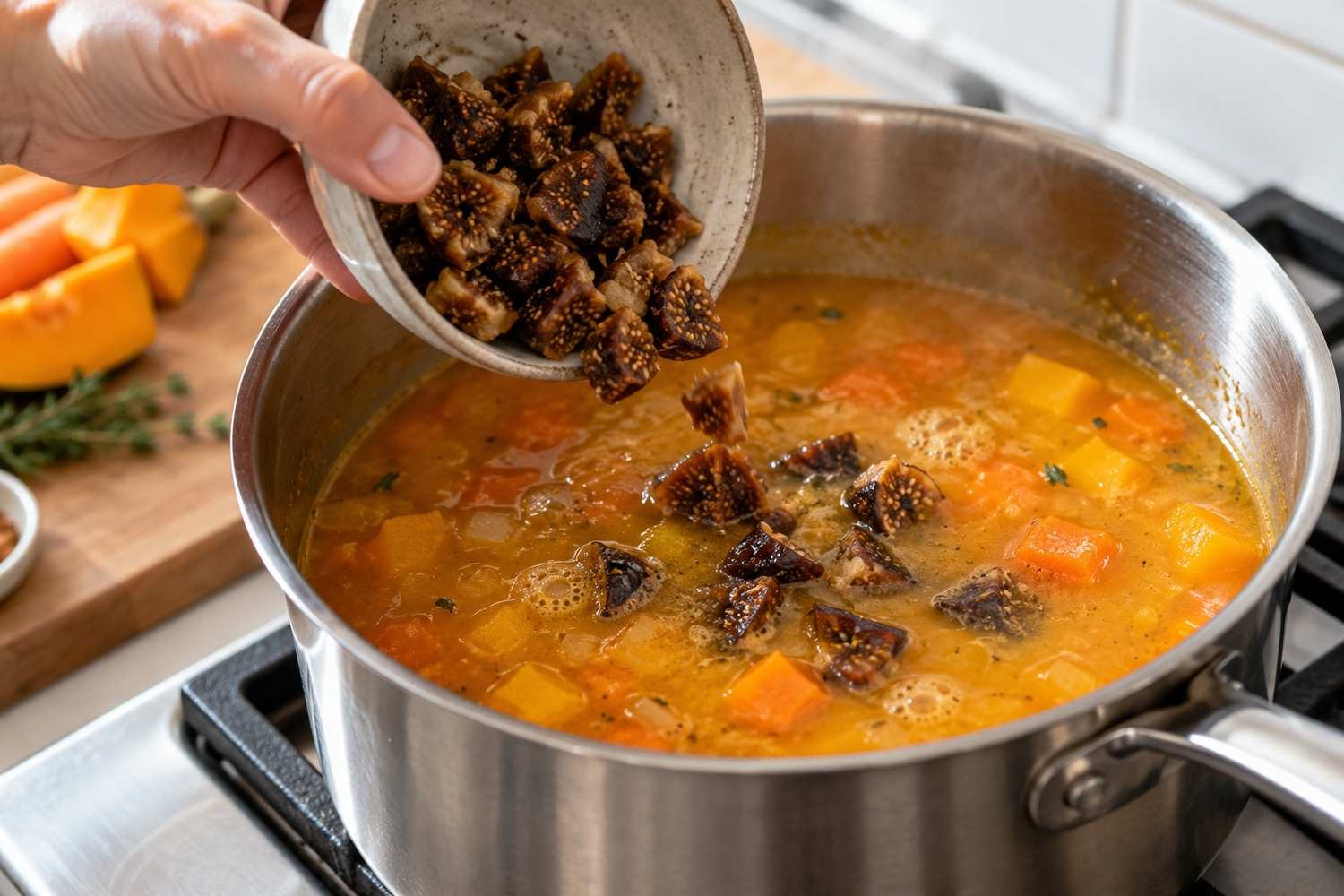 Una mano versa fichi secchi tagliati in una pentola di zuppa di zucca e carote durante la cottura