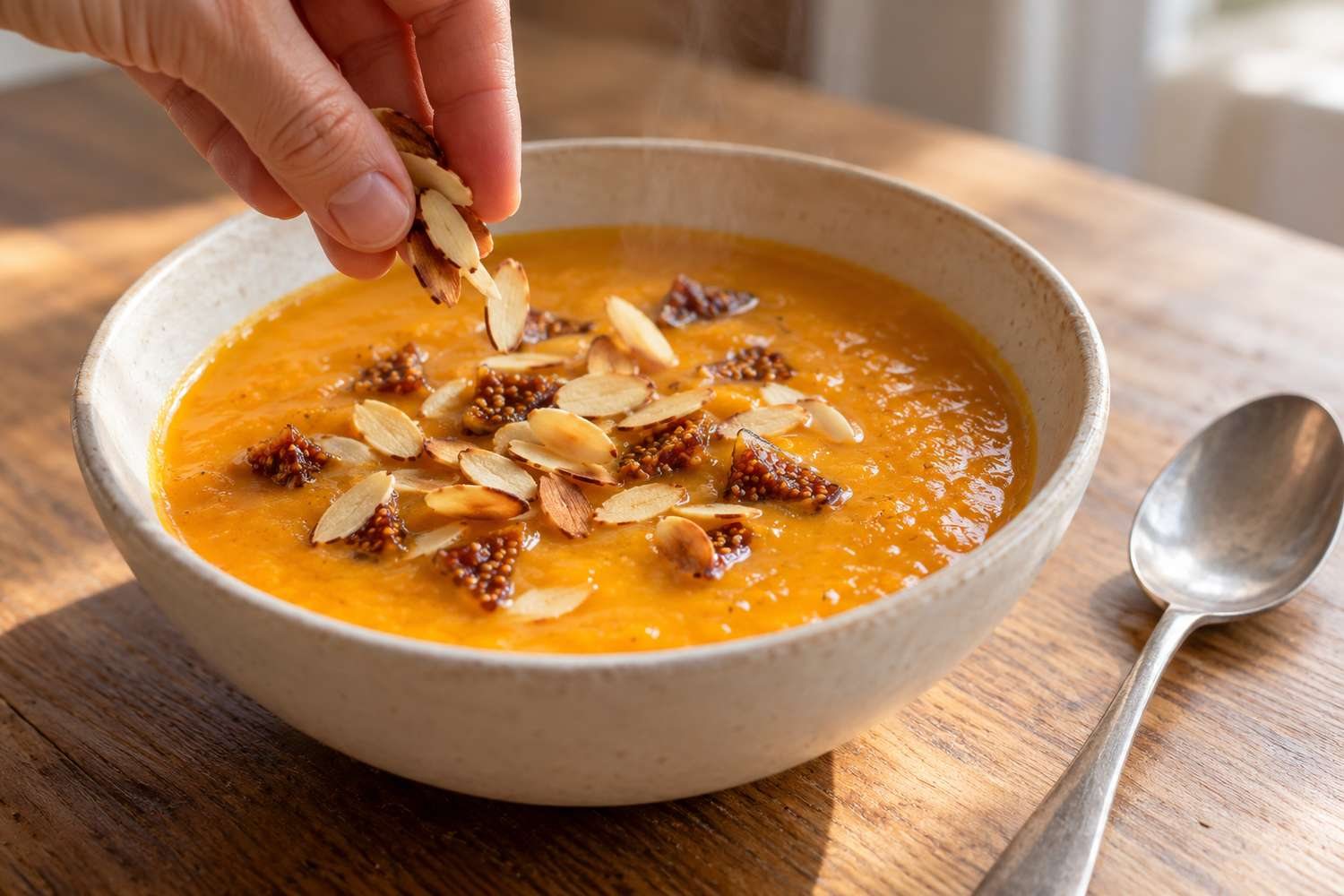 Una mano aggiunge mandorle tostate a lamelle in una ciotola di zuppa con pezzetti di fichi secchi