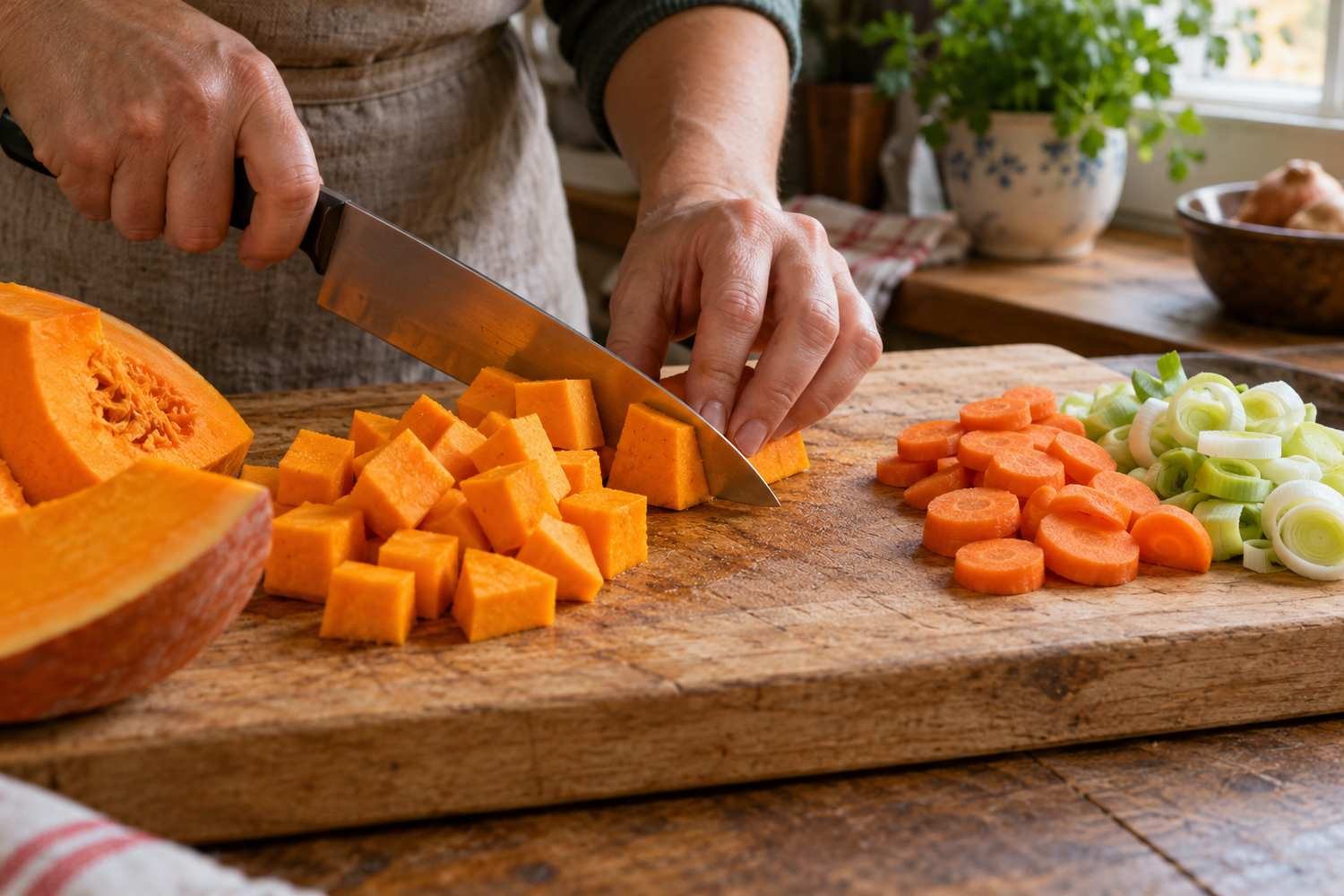 Mani che tagliano su un tagliere zucca sbucciata, carote e porro in pezzi regolari