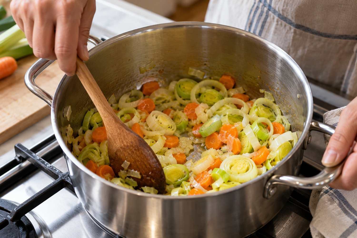 Un cucchiaio di legno mescola porro e carote tagliati nel fondo di una pentola con un filo d'olio