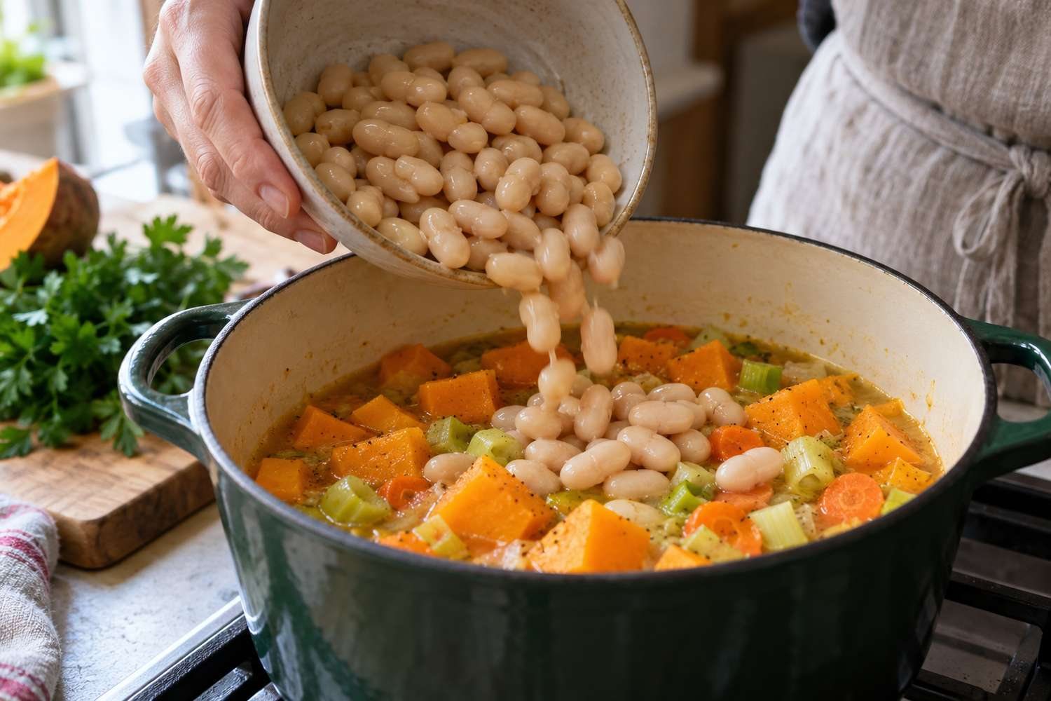 Fagioli cannellini cotti e scolati versati nella pentola sopra i pezzi di zucca