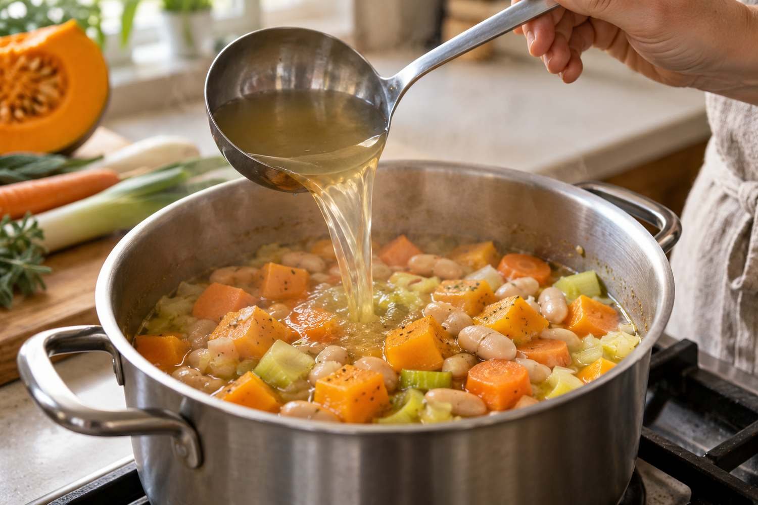 Un mestolo versa brodo caldo su zucca, carote e fagioli dentro la pentola