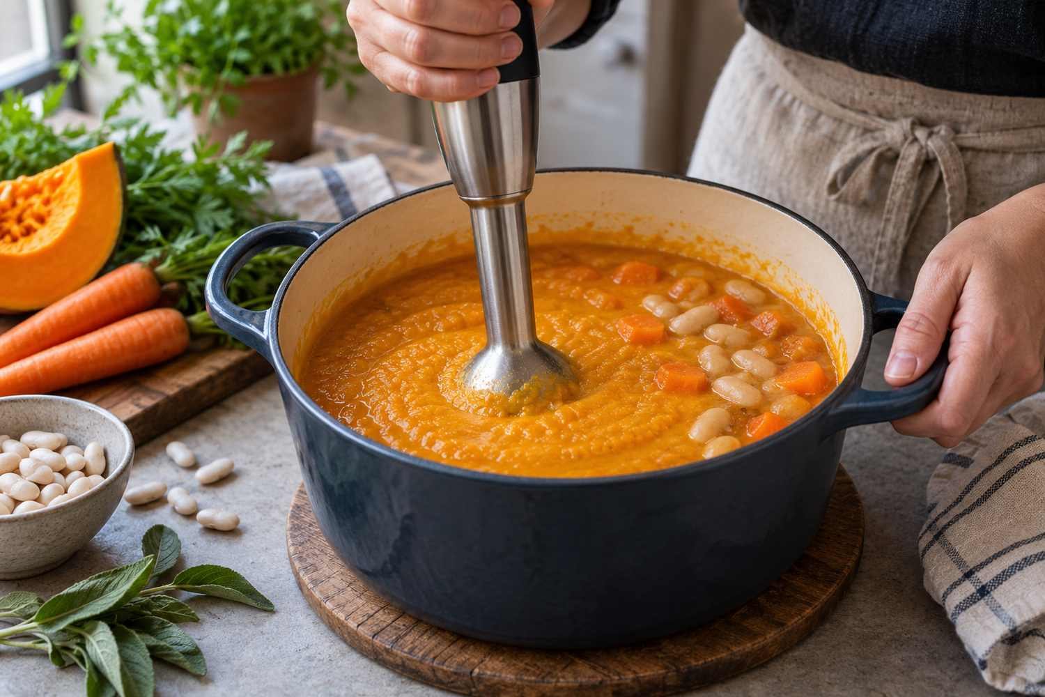 Un frullatore a immersione dentro la pentola riduce in crema parte della zuppa di zucca e fagioli