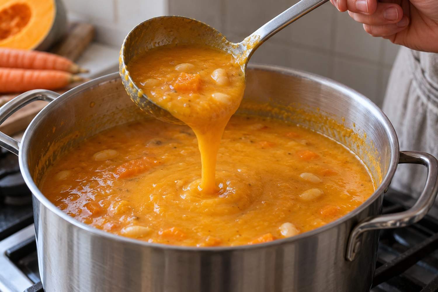 Un mestolo sollevato dalla pentola colmo di zuppa cremosa arancione con alcuni fagioli interi
