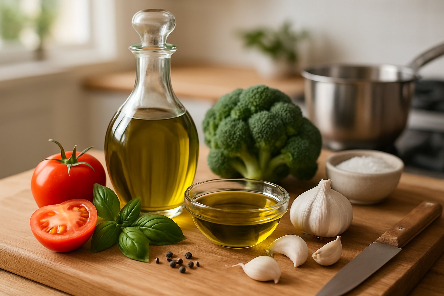 Bottiglia di olio extravergine di oliva verde scuro, con accanto un piatto bianco e verdure fresche crude, in luce naturale da finestra