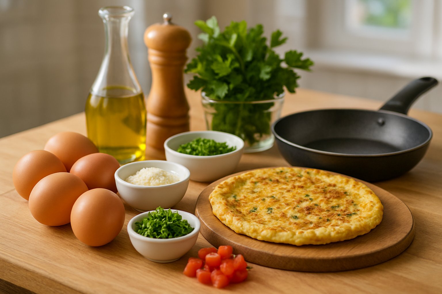Frittata dorata in padella di ferro, tagliata in spicchi, con verdure colorate visibili all'interno, su sfondo bianco con erbe fresche accanto