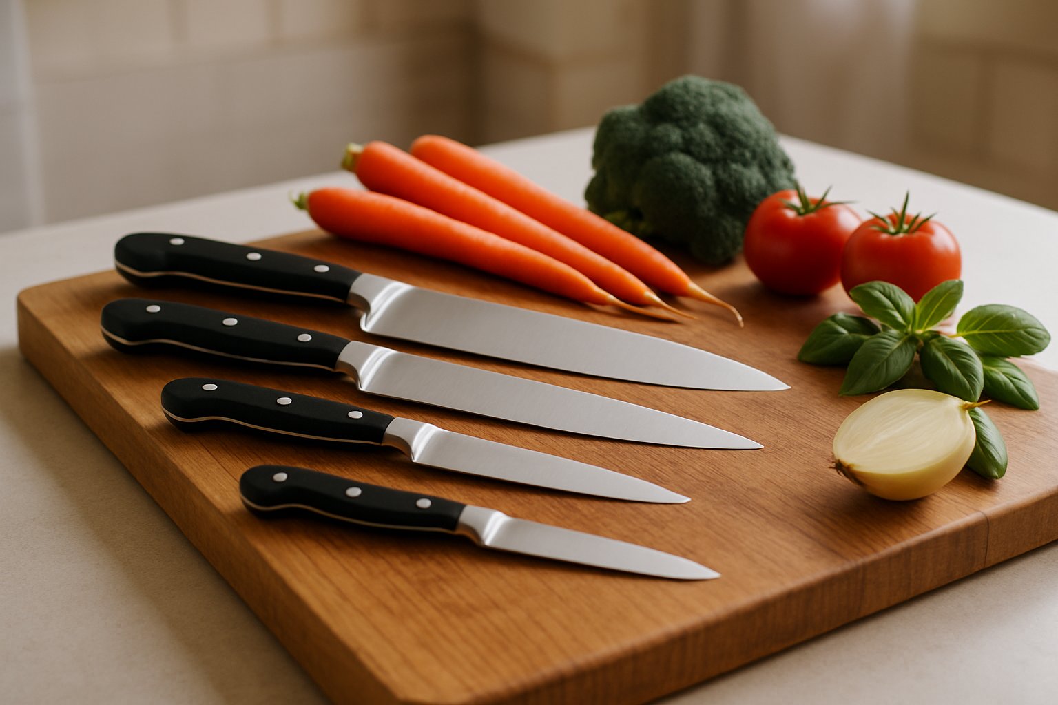Tre coltelli professionali disposti su un tagliere di legno: coltello da chef, coltello sgabello e coltello pane, con luce naturale da sinistra