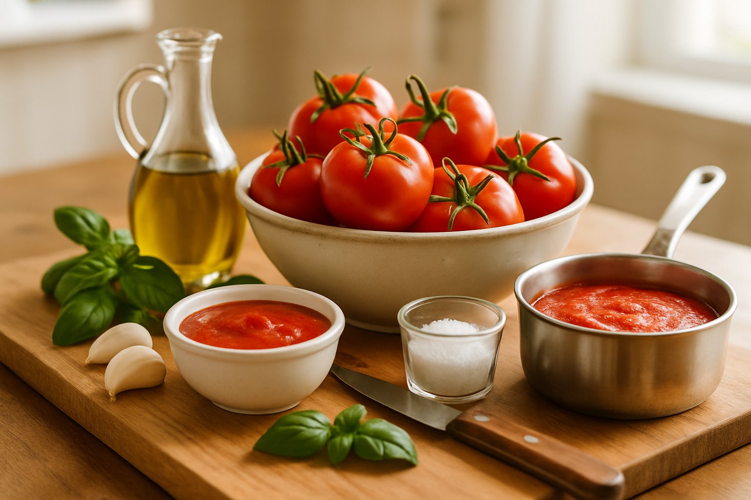 Pentola in acciaio con sugo al pomodoro rosso vivo, cucchiaio di legno immerso nel sugo, basilico fresco in primo piano, tavolo di cucina con pomodori freschi sullo sfondo