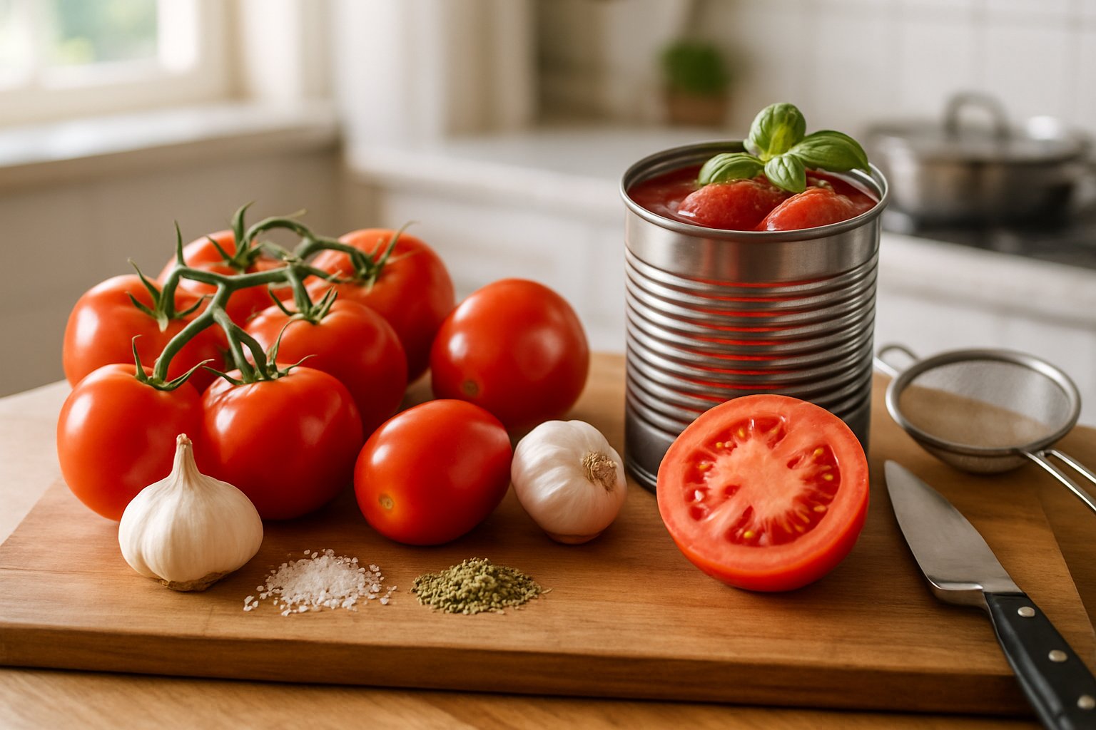 Pomodori rossi freschi interi e spezzati su un tavolo di legno accanto a una scatola di pomodori pelati aperti su sfondo bianco