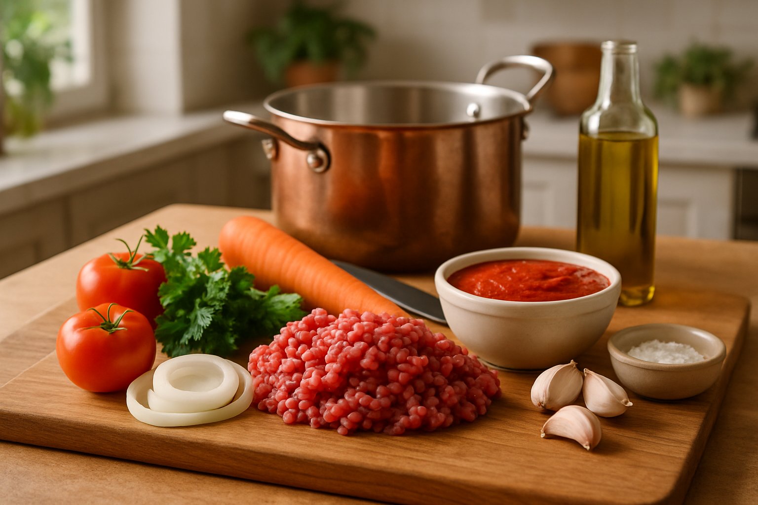 Pentola in ghisa con ragù bollente su fuoco basso, soffritto di carote sedano e cipolla visibili nel sugo, vapore caldo che sale dalla superficie