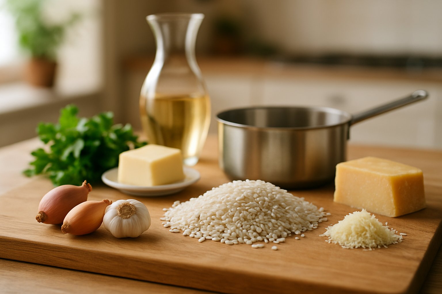 Cucchiaio di legno che manteca un risotto cremoso in una padella antiaderente, con vapore che si alza dal piatto e grani di riso visibili