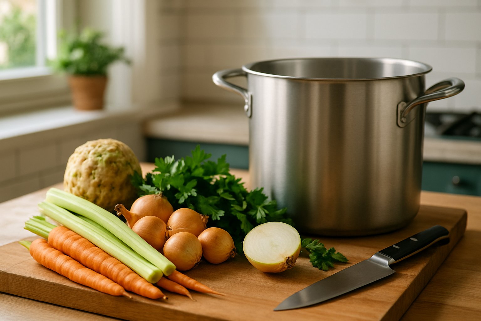 Pentola in acciaio con brodo vegetale limpido e dorato, verdure fresche intorno (carote, sedano, cipolla), cucchiaio di legno immerso nel liquido fumante