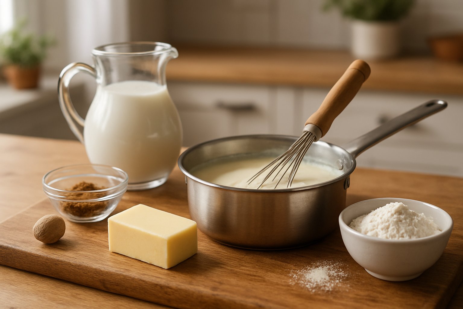 Besciamella cremosa e liscia in una pentola di acciaio, con una frusta in legno, burro e latte sullo sfondo di una cucina professionale