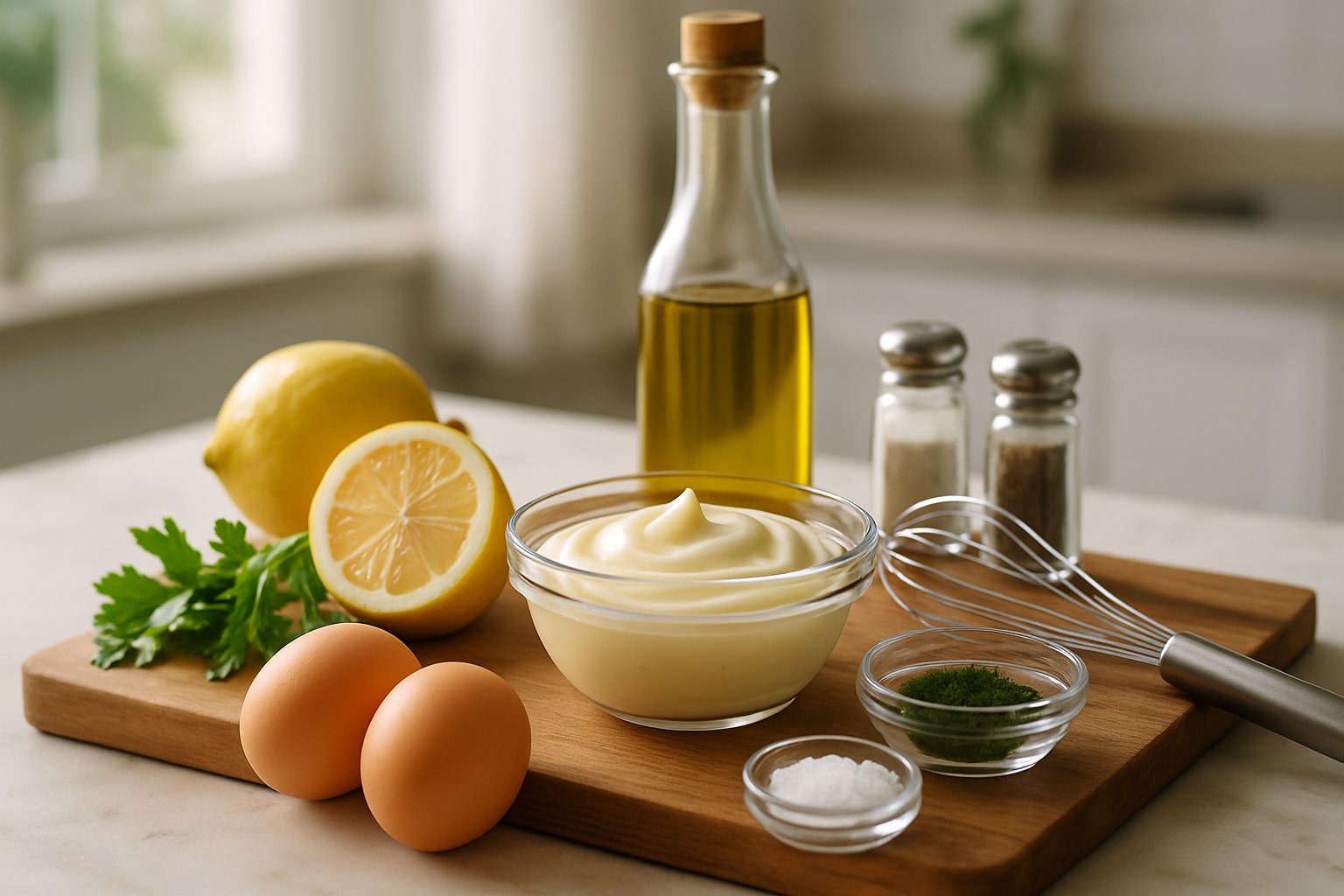 Ciotola di ceramica bianca con maionese cremosa, cucchiaio di legno, limone tagliato, aglio e bottiglia di olio extravergine di oliva su piano di marmo bianco