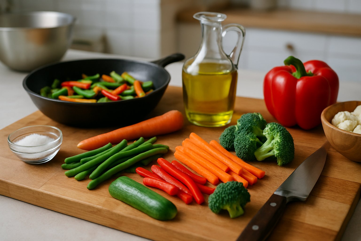 Verdure colorate appena salate in padella: broccoli verdi brillanti, carote gialle, peperoni rossi e cipolla bianca saltano in una padella in ghisa su fiamma viva, con piccole gocce d'olio che sprizza