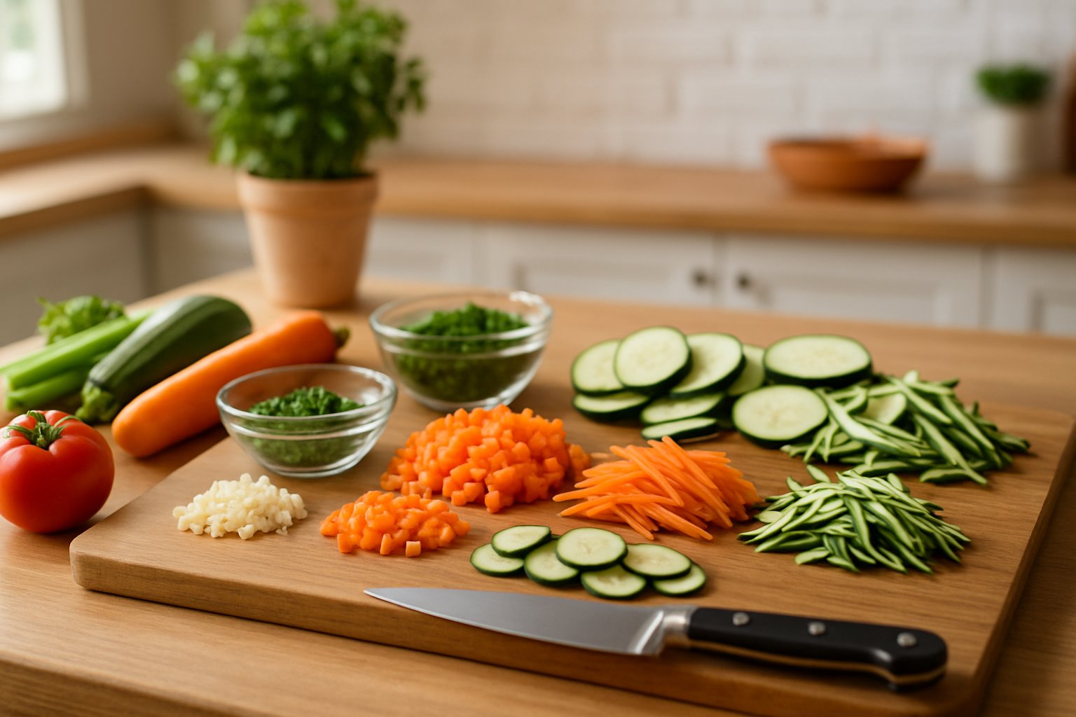 Tavolo di cucina con cipolla, carota e sedano tagliati a diversi spessori: trito finissimo, cubi minuscoli brunoise, dadolata regolare, mirepoix e lunghe strisce julienne, con coltello chef affilato i