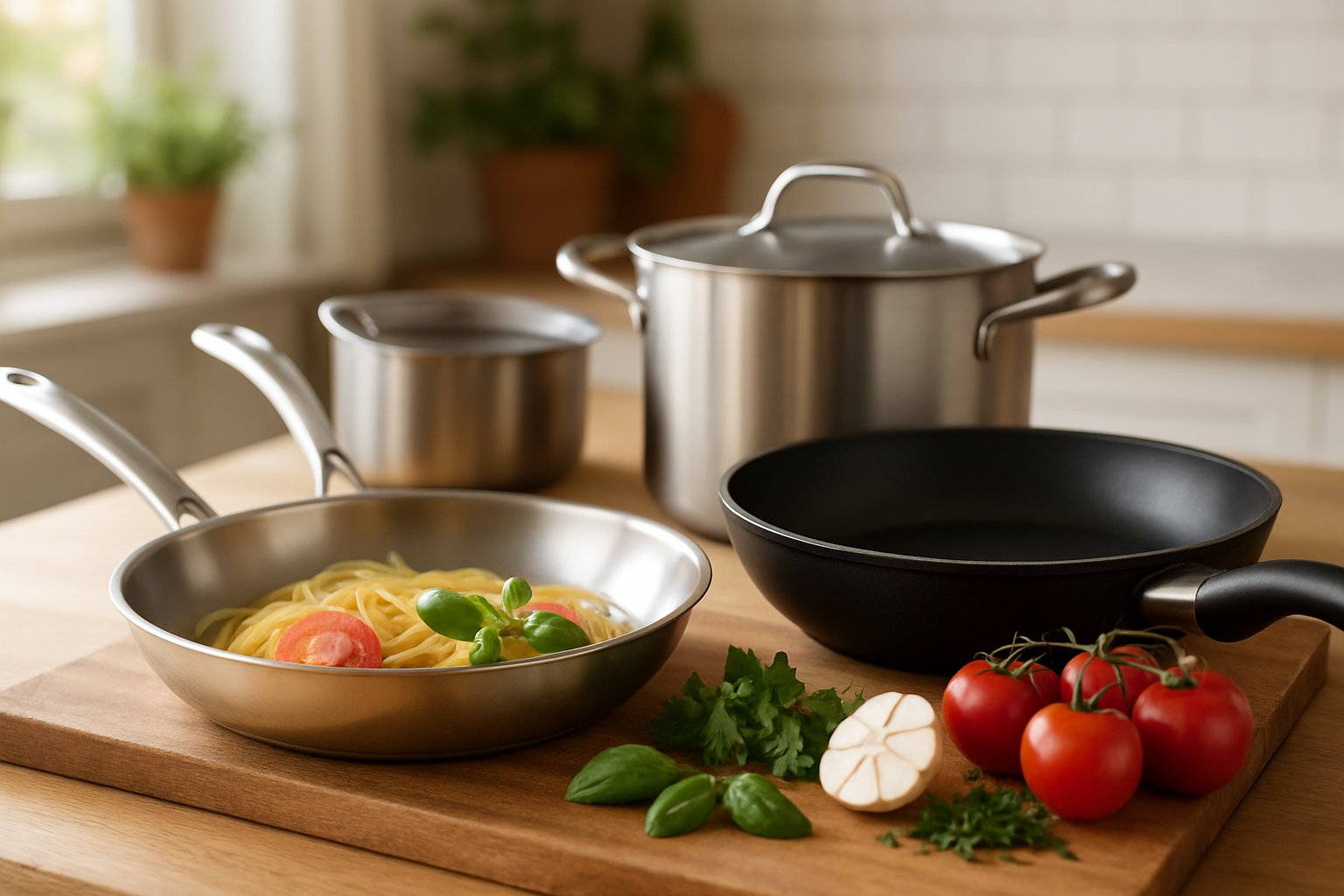 Collezione di padelle, pentole e tegami in acciaio inossidabile, ghisa e alluminio disposti in ordine su un piano di lavoro bianco, mostrando diverse forme e dimensioni