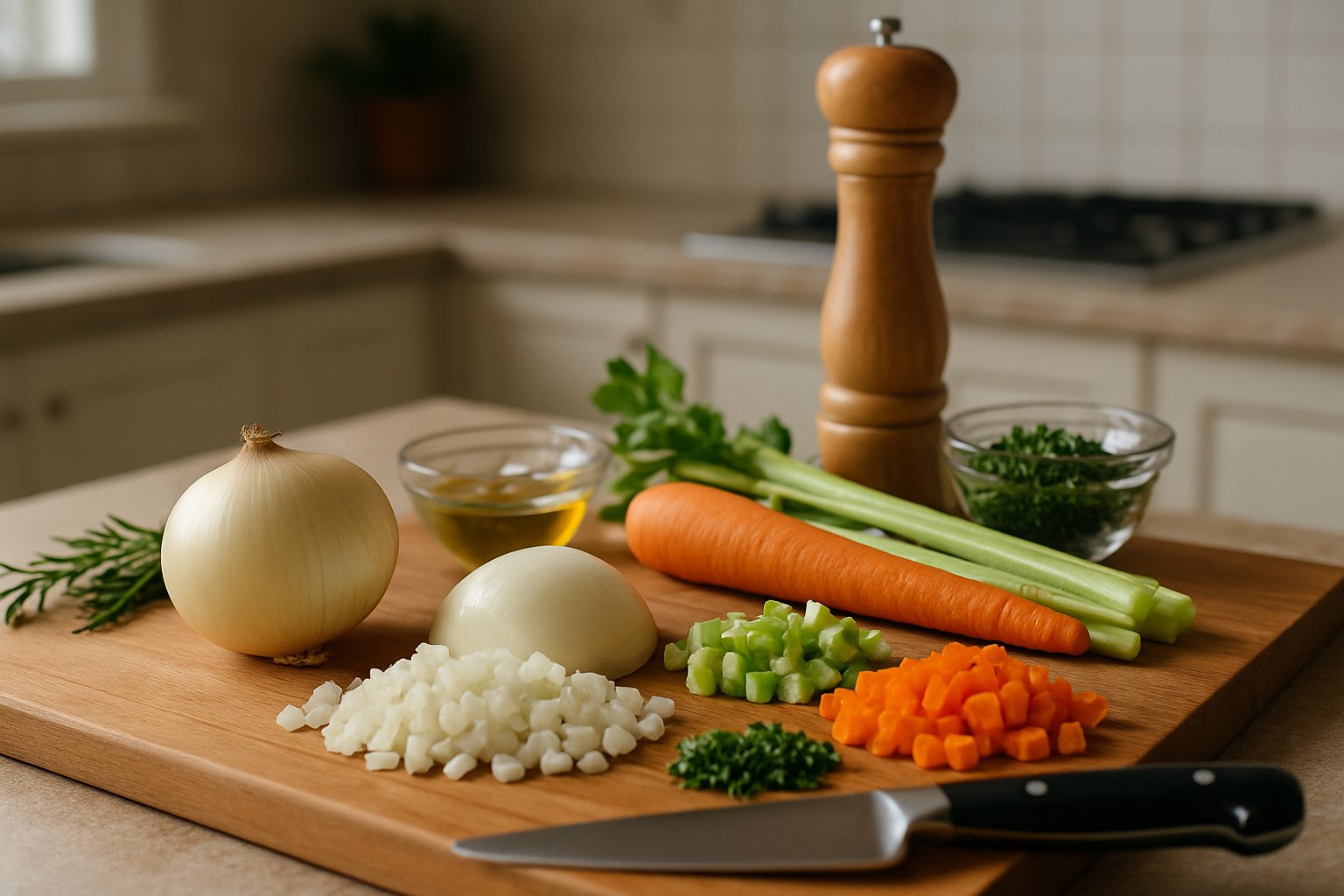 Cipolla, carota e sedano tritati su un tagliere di legno accanto a una pentola di acciaio inox con olio extravergine di oliva