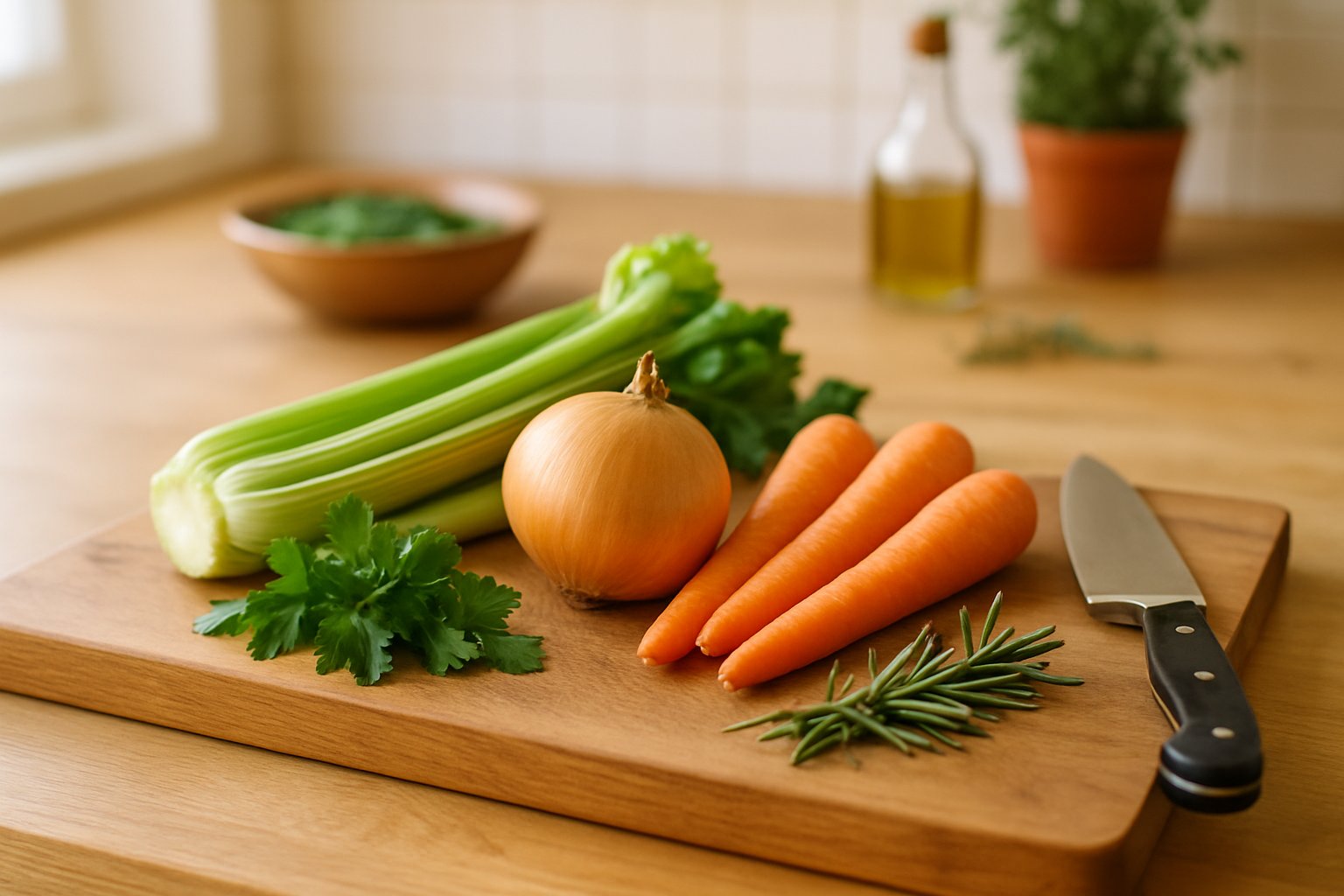Sedano verde, carote arancioni affettate, cipolla bianca aperta, e mazzetti di prezzemolo, rosmarino e basilico fresco su un tagliere in legno