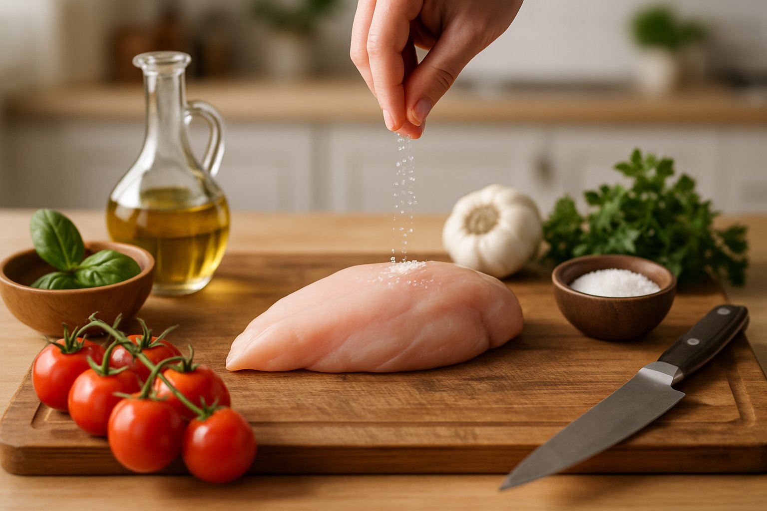 Mano che versa sale fino da una piccola ciotola in ceramica bianca sopra un piatto di pasta fresca appena bollita, con vapore leggero sullo sfondo e luce naturale che illumina i cristalli di sale