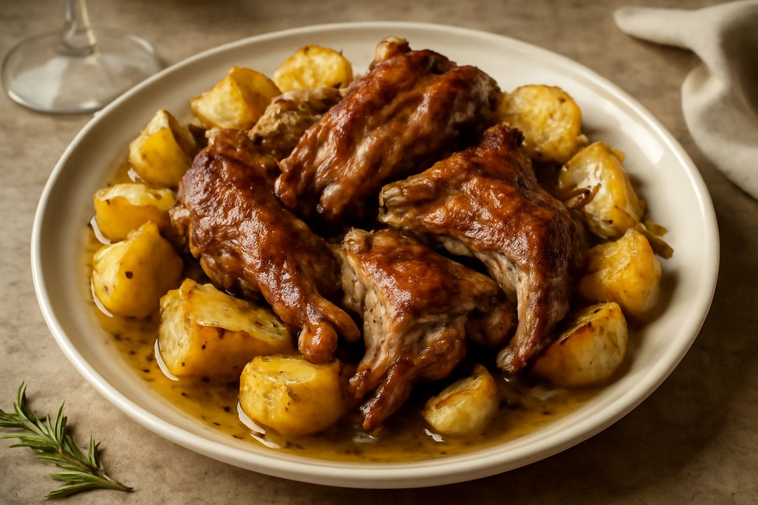 Abbacchio al forno in pirofila di terracotta, pezzi di carne dorata con patate tagliate a spicchi, rosmarino fresco, aglio intero non sbucciato, olio d'oliva lucido sulla superficie