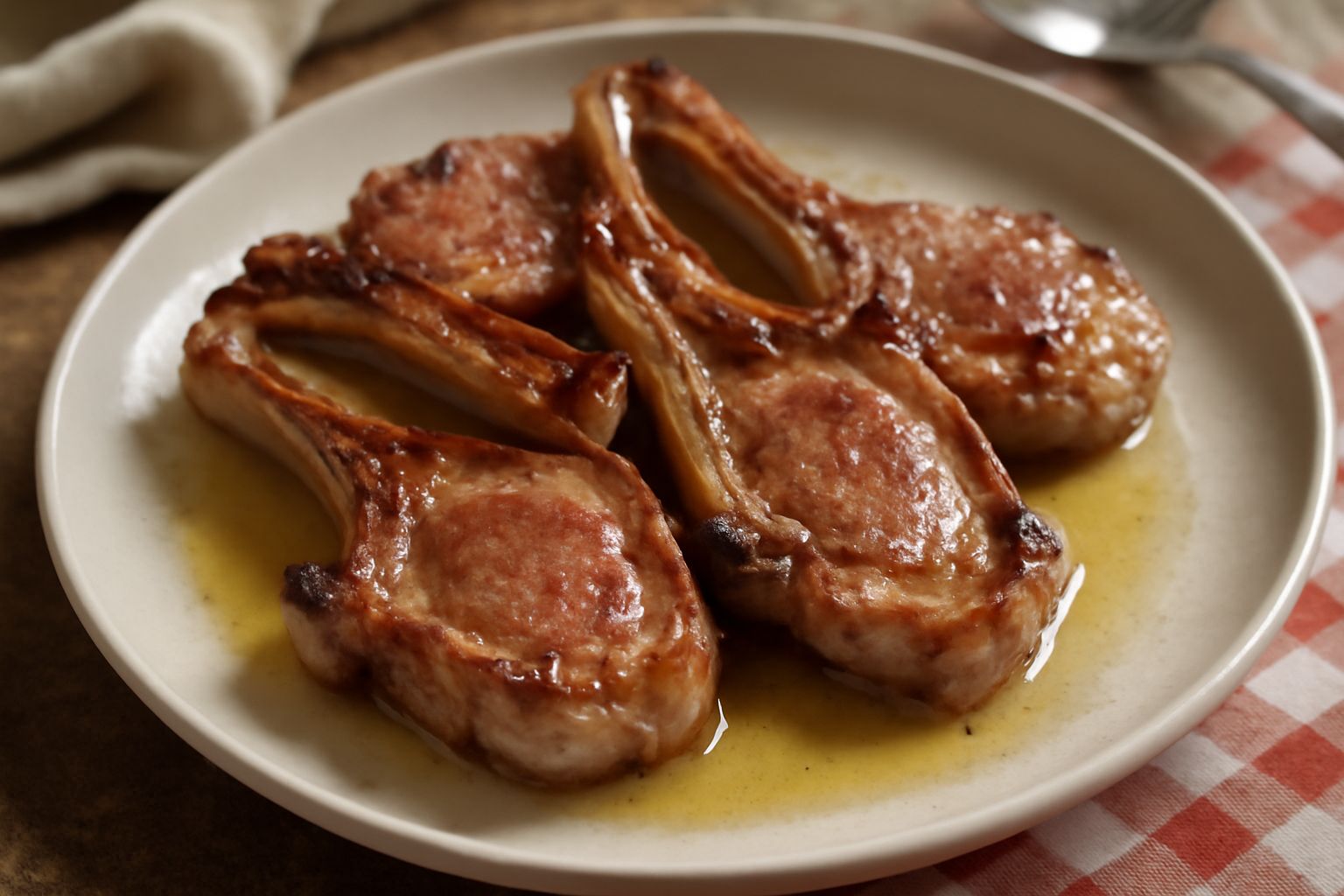 Costicine di abbacchio dorate e croccanti su un piatto bianco, olio lucido sulla superficie, sedano e rosmarino come contorno, sfondo neutro