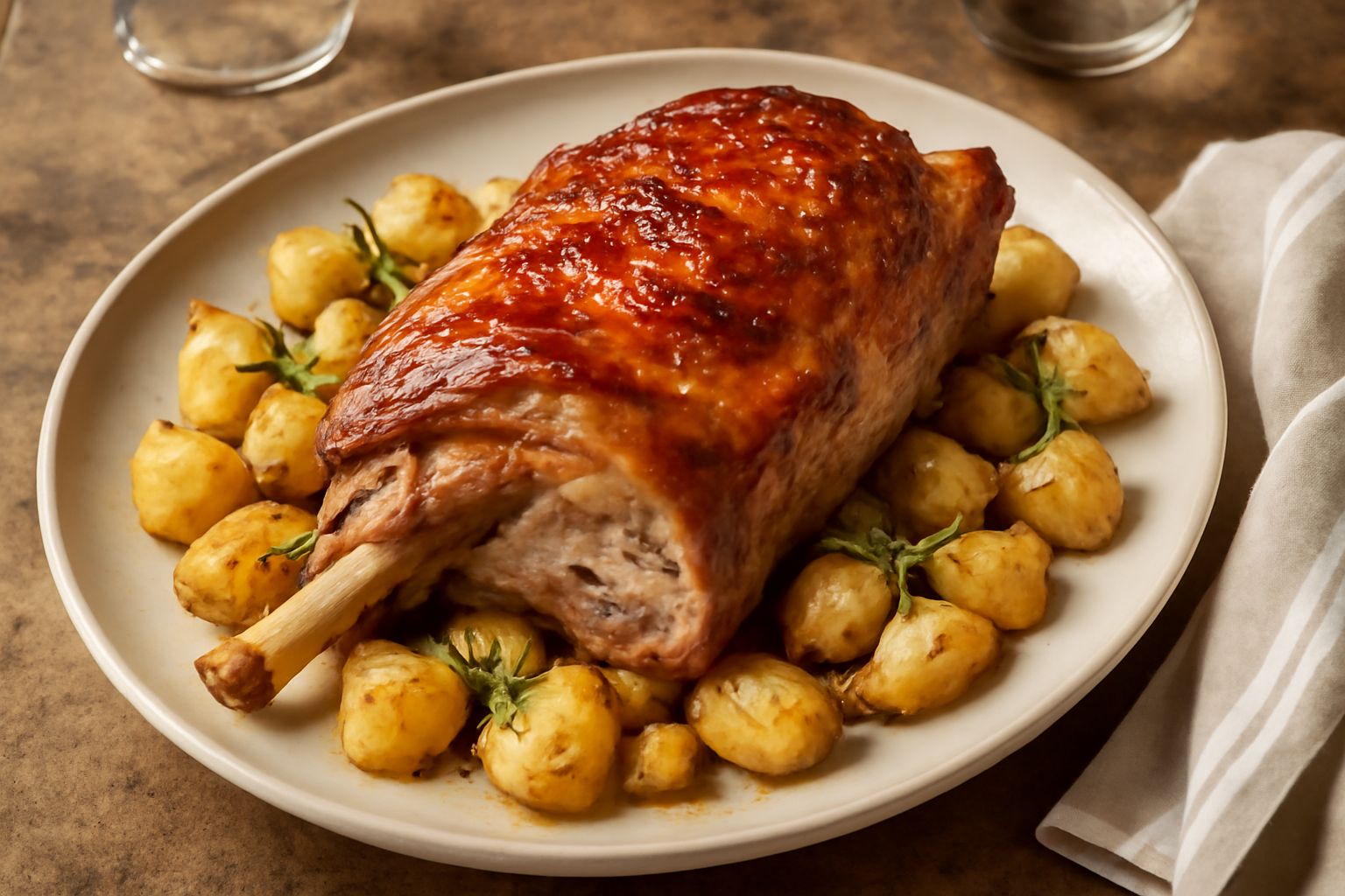 Abbacchio al forno dorato in una pirofila rettangolare di ceramica, con spicchi d'aglio e rami di rosmarino fresco sparsi sulla carne, contorno di patate tagliate a spicchi, colore marrone uniforme de