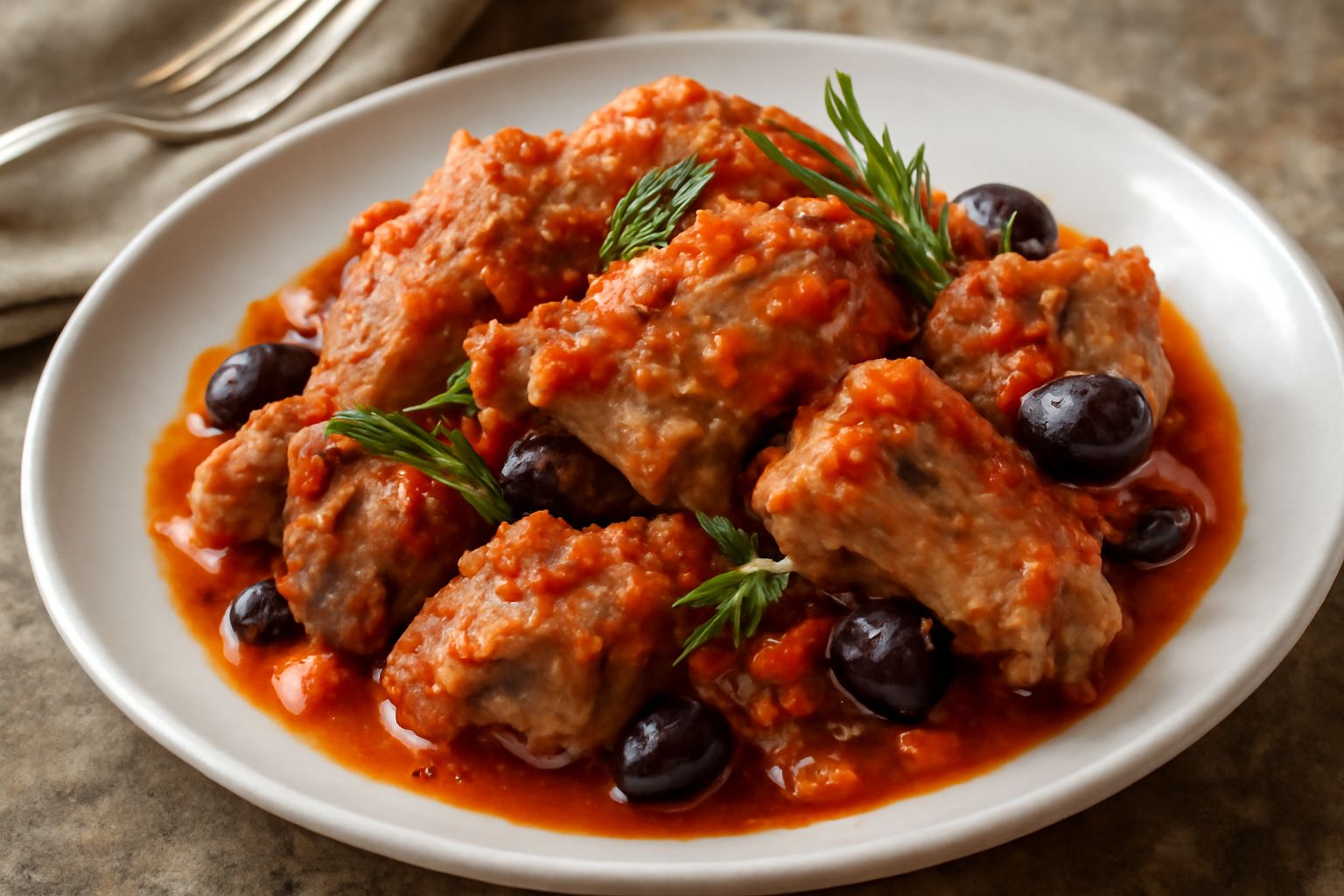 Piatto bianco con pezzi di carne di agnello tenera e rosata, ricoperti di sugo rosso con pomodori e erbe, contornato da patate gialle intere, con foglia di rosmarino fresco sulla carne