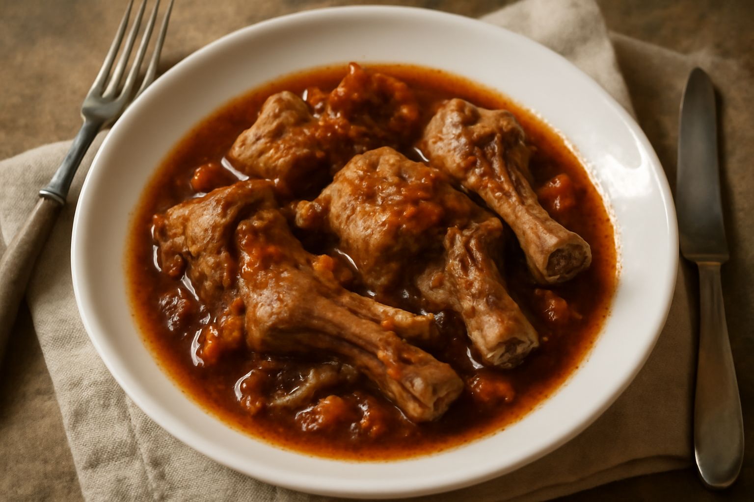 Abbacchio alla romana in umido su piatto bianco: pezzi di carne marrone dorato immersi in sugo rosso scuro, con acciughe visibili e peperoncino rosso, accompagnato da patate gialle e prezzemolo fresco